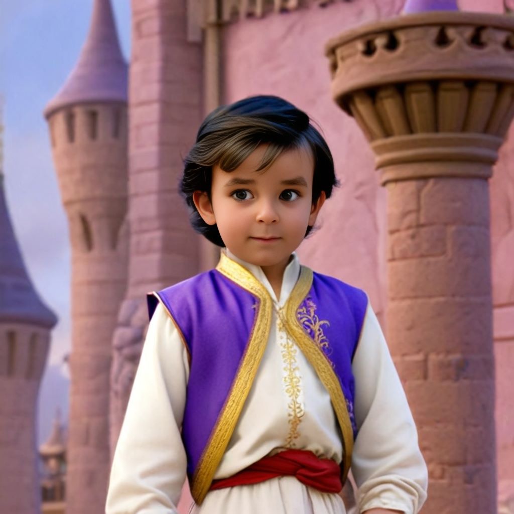 Personalized portrait of a toddler boy dressed as Prince Aladdin, standing in a royal palace