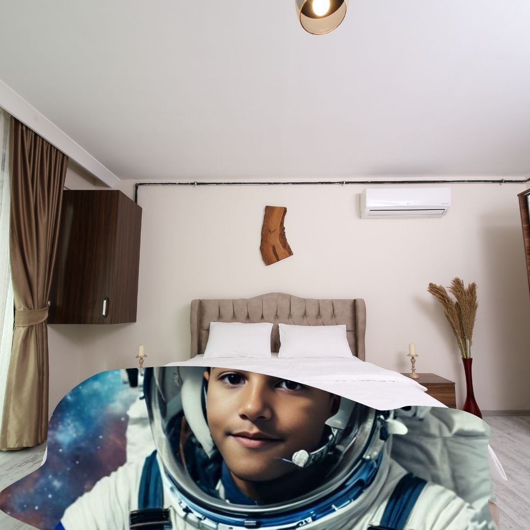 Example of how to upload a boy's photo to create a personalized astronaut portrait on a blanket, featuring him dressed as an astronaut floating in space with stars and planets.