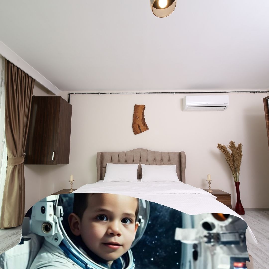 Example of how to upload a toddler boy's photo to create a personalized astronaut portrait on a blanket, featuring him dressed as an astronaut floating in space with stars and planets.