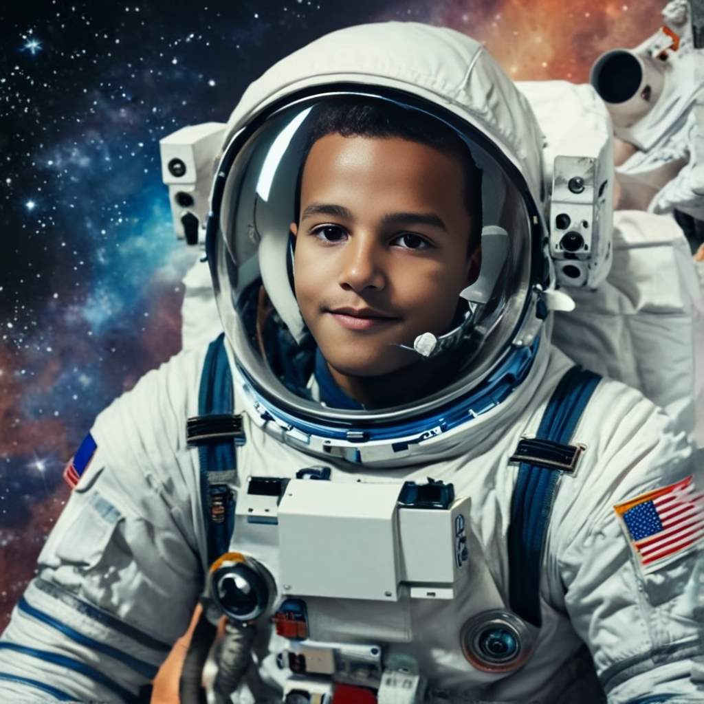 Personalized portrait of a boy dressed as an astronaut, floating in space with a cosmic backdrop.