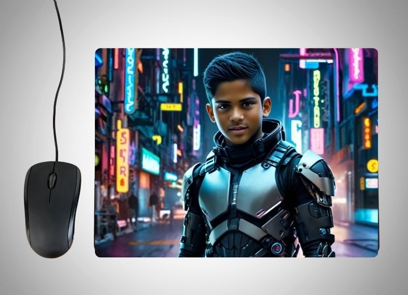 Example of how to upload a boy's photo to create a personalized Robot Hero portrait on a mouse mat featuring him in a futuristic robot suit with glowing elements, standing heroically in front of a high-tech cityscape