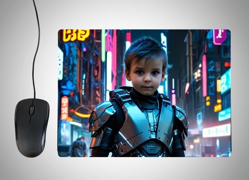 Example of how to upload a toddler boy's photo to create a personalized Robot Hero portrait on a mouse mat featuring him in a futuristic robot suit with glowing elements, standing heroically in front of a high-tech cityscape