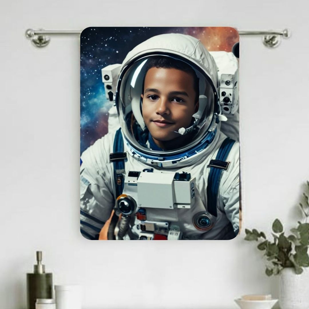 Example of how to upload a boy's photo to create a personalized astronaut portrait on a towel, featuring him dressed as an astronaut floating in space with stars and planets