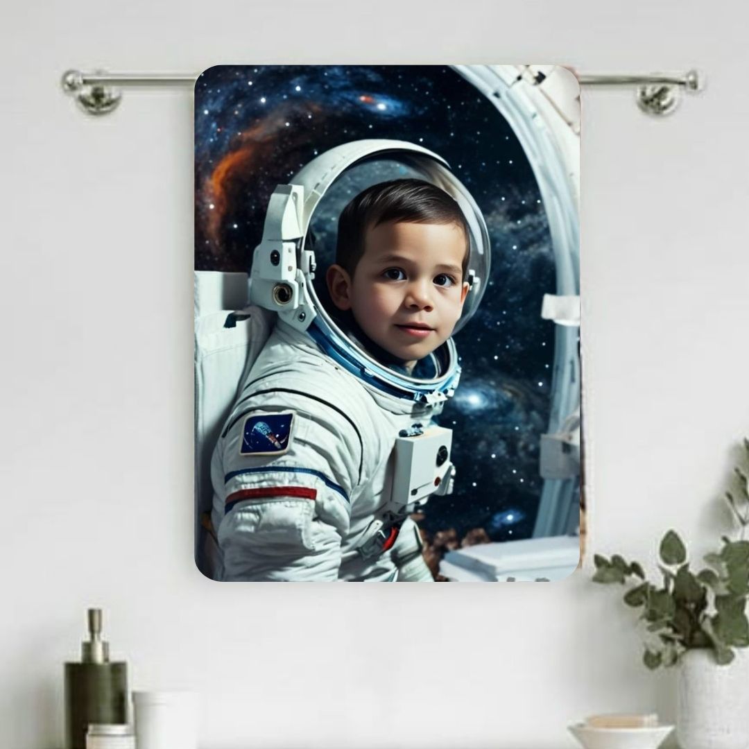 Example of how to upload a toddler boy's photo to create a personalized astronaut portrait on a towel, featuring him dressed as an astronaut floating in space with stars and planets