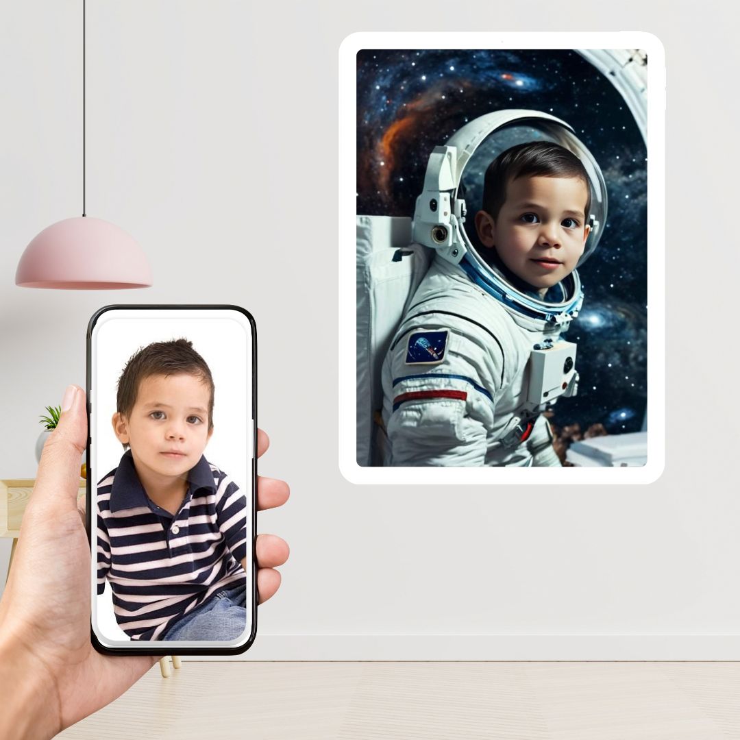 Example of how to upload a toddler boy's photo to create a personalized astronaut portrait on a canvas featuring him dressed as an astronaut in space, surrounded by stars and planets