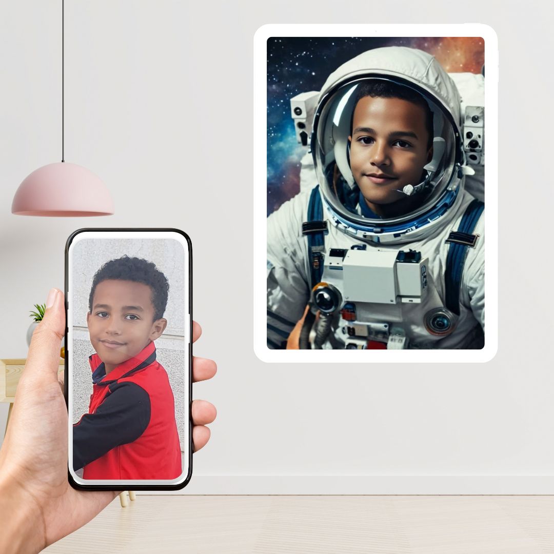 Example of how to upload a boy's photo to create a personalized astronaut portrait on a canvas featuring him dressed as an astronaut in space, surrounded by stars and planets