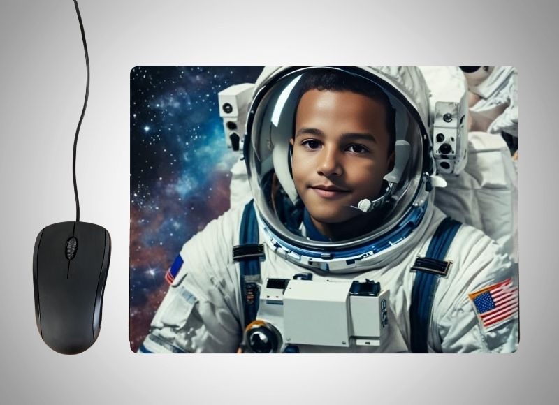 Example of how to upload a boy's photo to create a personalized Astronaut portrait on a mouse mat featuring him in a sleek space suit and helmet, standing against a backdrop of stars and distant galaxies