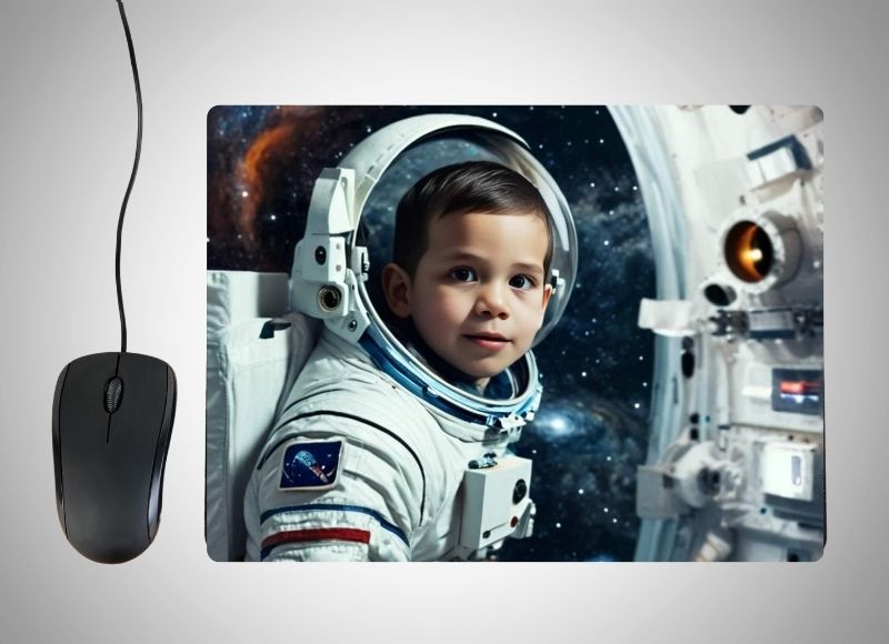 Example of how to upload a toddler boy's photo to create a personalized Astronaut portrait on a mouse mat featuring him in a sleek space suit and helmet, standing against a backdrop of stars and distant galaxies