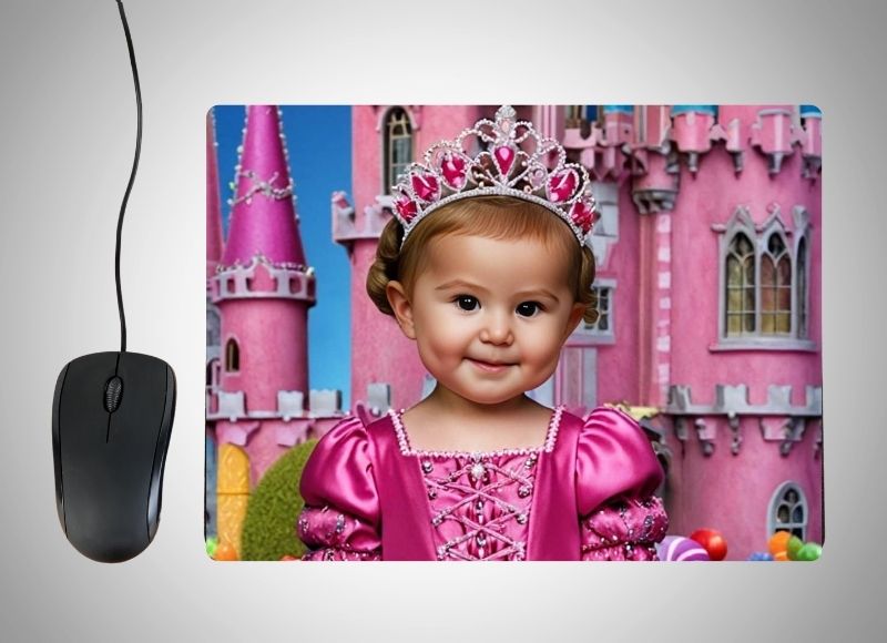 Example of how to upload a toddler girl's photo to create a personalized Candy Princess portrait on a mouse mat featuring her in a sweet, colorful gown, surrounded by giant lollipops, candy canes, and a magical candy land backdrop