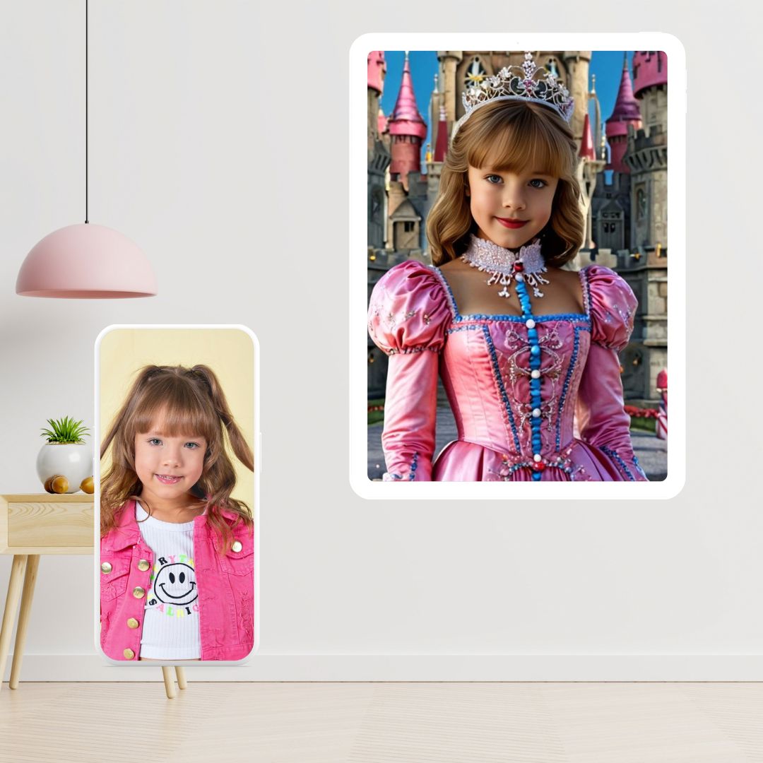 Example of how to upload a girl's photo to create a personalized candy princess portrait on a canvas featuring her dressed as a candy princess in a whimsical candyland setting