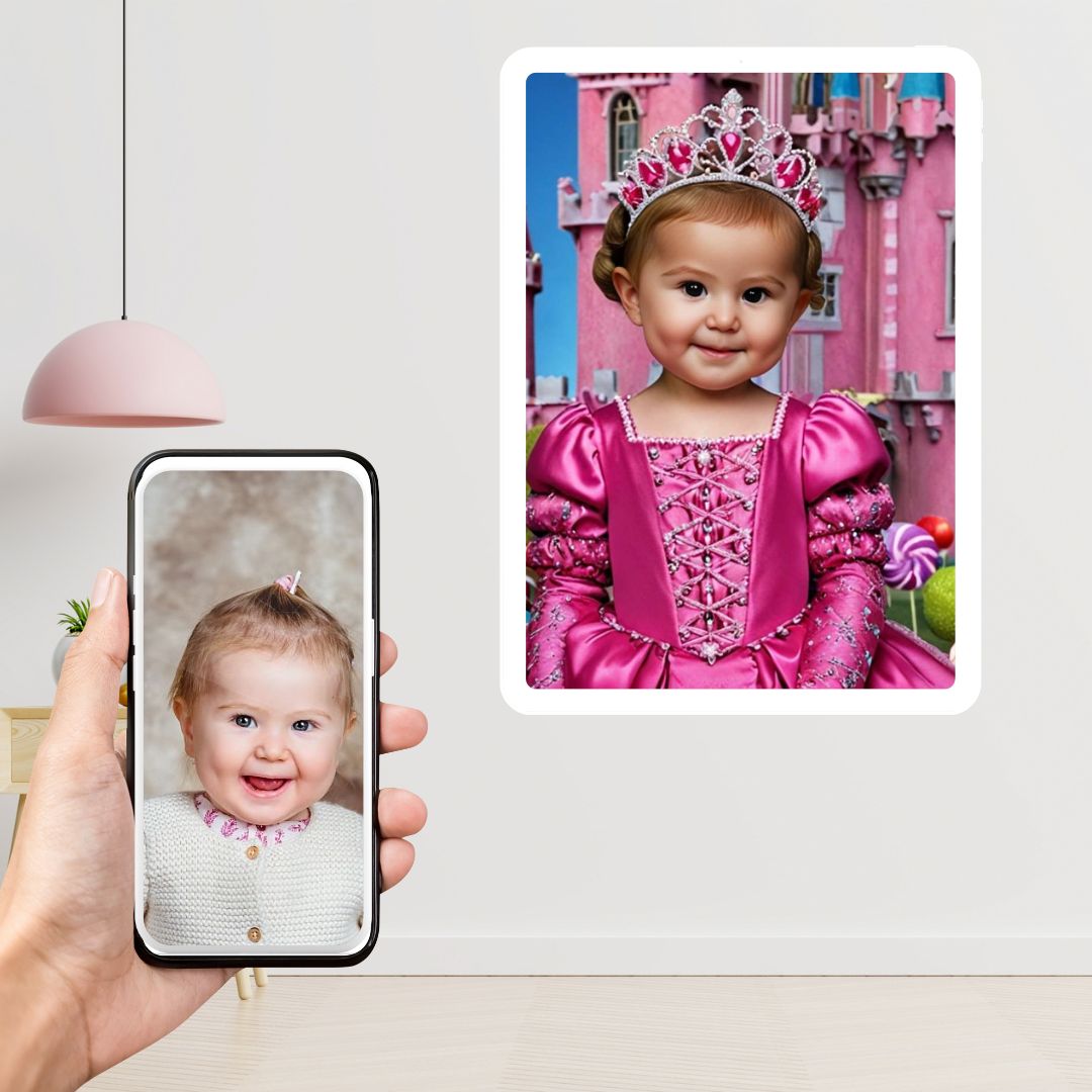 Example of how to upload a toddler girl's photo to create a personalized candy princess portrait on a canvas featuring her dressed as a candy princess in a whimsical candyland setting