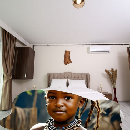 Example of how to upload a toddler girl's photo to create a personalized Wakanda princess portrait on a blanket featuring her dressed as a Wakanda princess in a regal African-inspired setting.