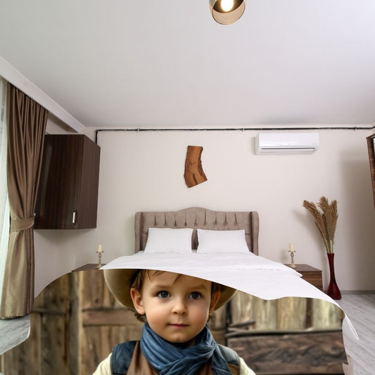 Example of how to upload a toddler boy's photo to create a personalized cowboy portrait on a blanket featuring him dressed as a cowboy on a desert ranch.