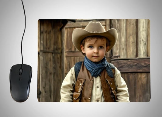 Example of how to upload a toddler boy's photo to create a personalized Cowboy portrait on a mouse mat featuring him in a cowboy hat, checkered shirt, and boots, standing in a Wild West town with a saloon and cacti in the background