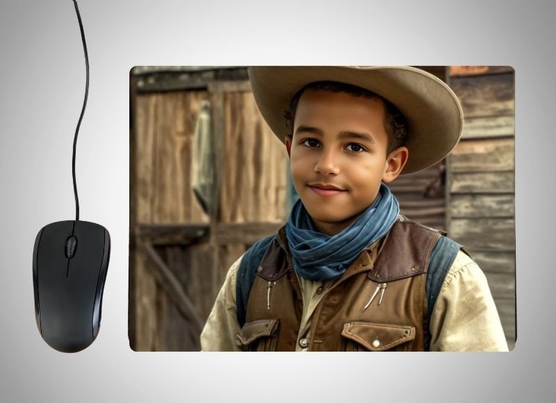 Example of how to upload a boy's photo to create a personalized Cowboy portrait on a mouse mat featuring him in a cowboy hat, checkered shirt, and boots, standing in a Wild West town with a saloon and cacti in the background