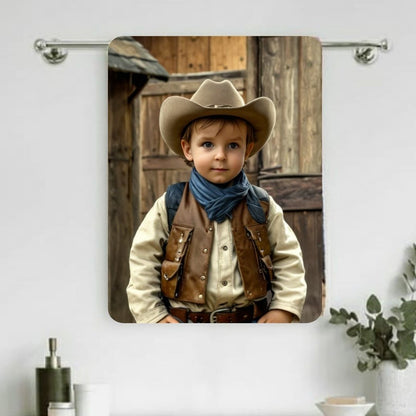 Example of how to upload a toddler boy's photo to create a personalized cowboy portrait on a towel featuring him dressed as a cowboy on a desert ranch