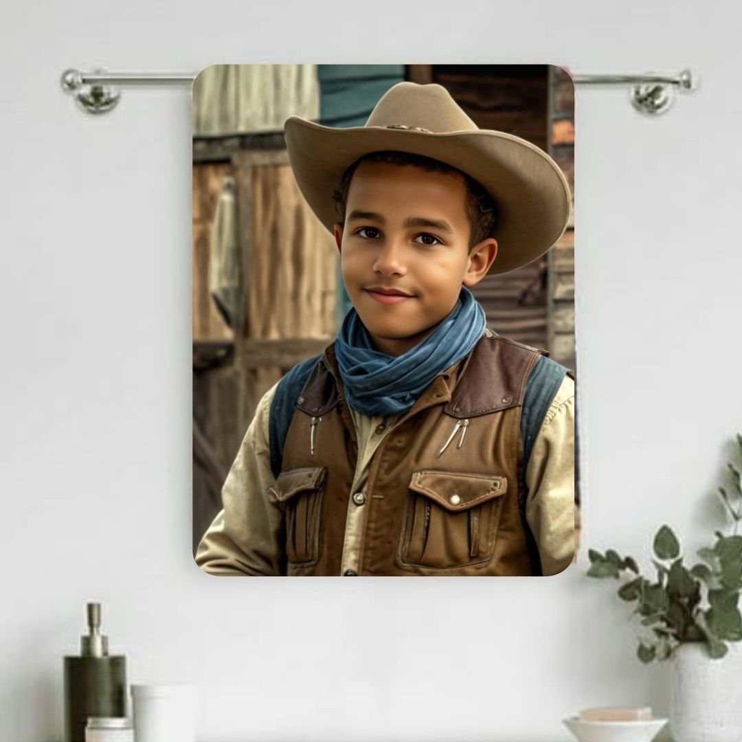 Example of how to upload a boy's photo to create a personalized cowboy portrait on a towel featuring him dressed as a cowboy on a desert ranch