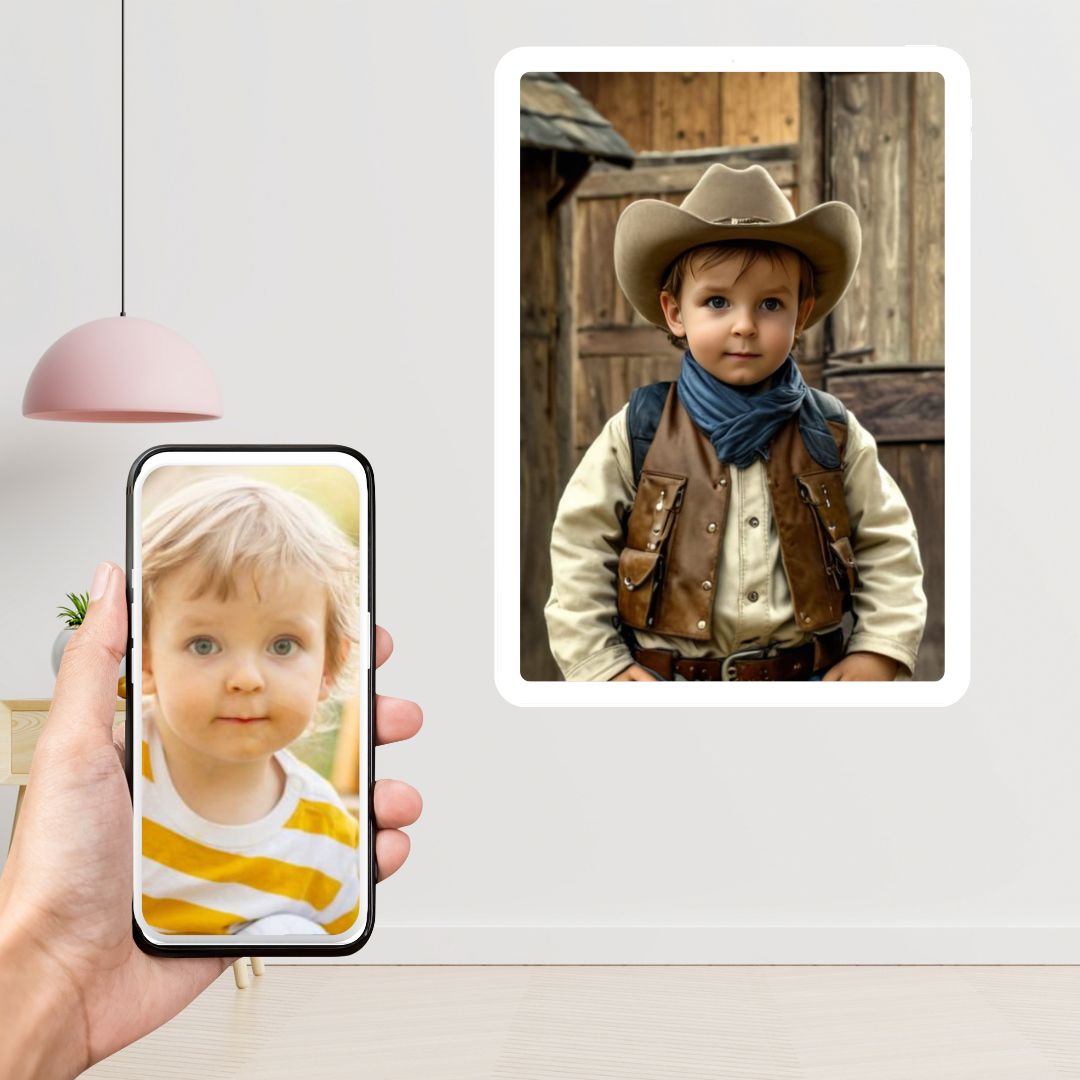 Example of how to upload a toddler boy's photo to create a personalized cowboy portrait on a canvas featuring him dressed as a cowboy on a desert ranch