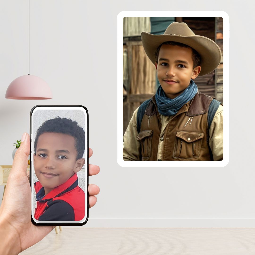 Example of how to upload a boy's photo to create a personalized cowboy portrait on a canvas featuring him dressed as a cowboy on a desert ranch