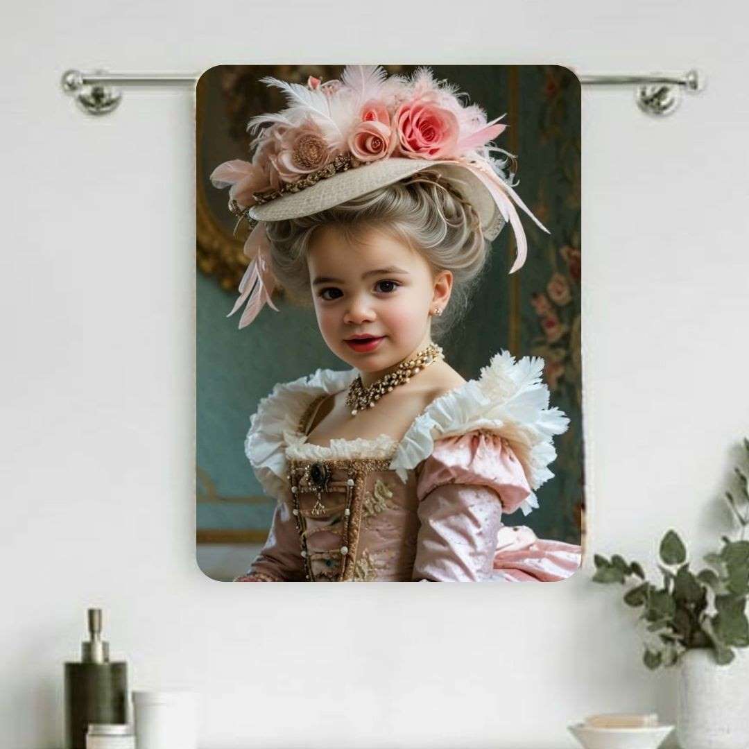 Example of how to upload a toddler girl's photo to create a personalized pink princess portrait on a towel featuring her as a princess in a royal castle