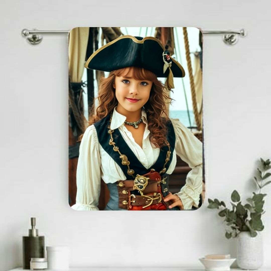 Example of how to upload a girl's photo to create a personalized pirate portrait on a towel featuring her dressed as a pirate on a ship deck.