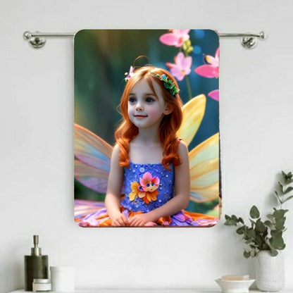 Example of how to upload a girl's photo to create a personalized fairy portrait on a towel featuring her as a fairy in an enchanted forest