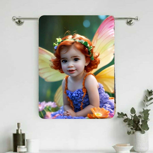 Example of how to upload a toddler girl's photo to create a personalized fairy portrait on a towel featuring her as a fairy in an enchanted forest