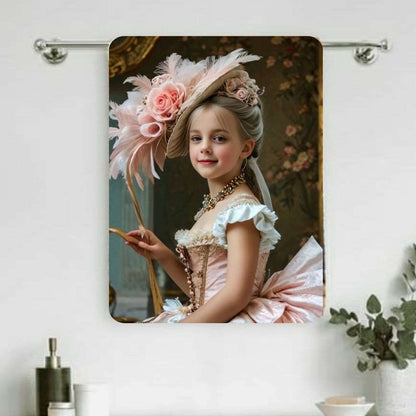 Example of how to upload a girl's photo to create a personalized pink princess portrait on a towel featuring her as a princess in a royal castle