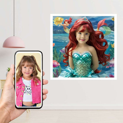 Example of how to upload a girl's photo to create a personalized mermaid portrait on a canvas featuring her as a mermaid sitting on a rock in an underwater scene