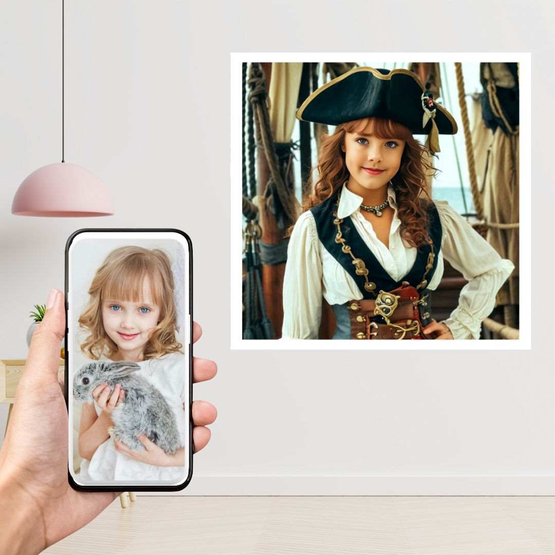 Example of how to upload a girl's photo to create a personalized pirate portrait featuring her as a pirate on a ship deck.