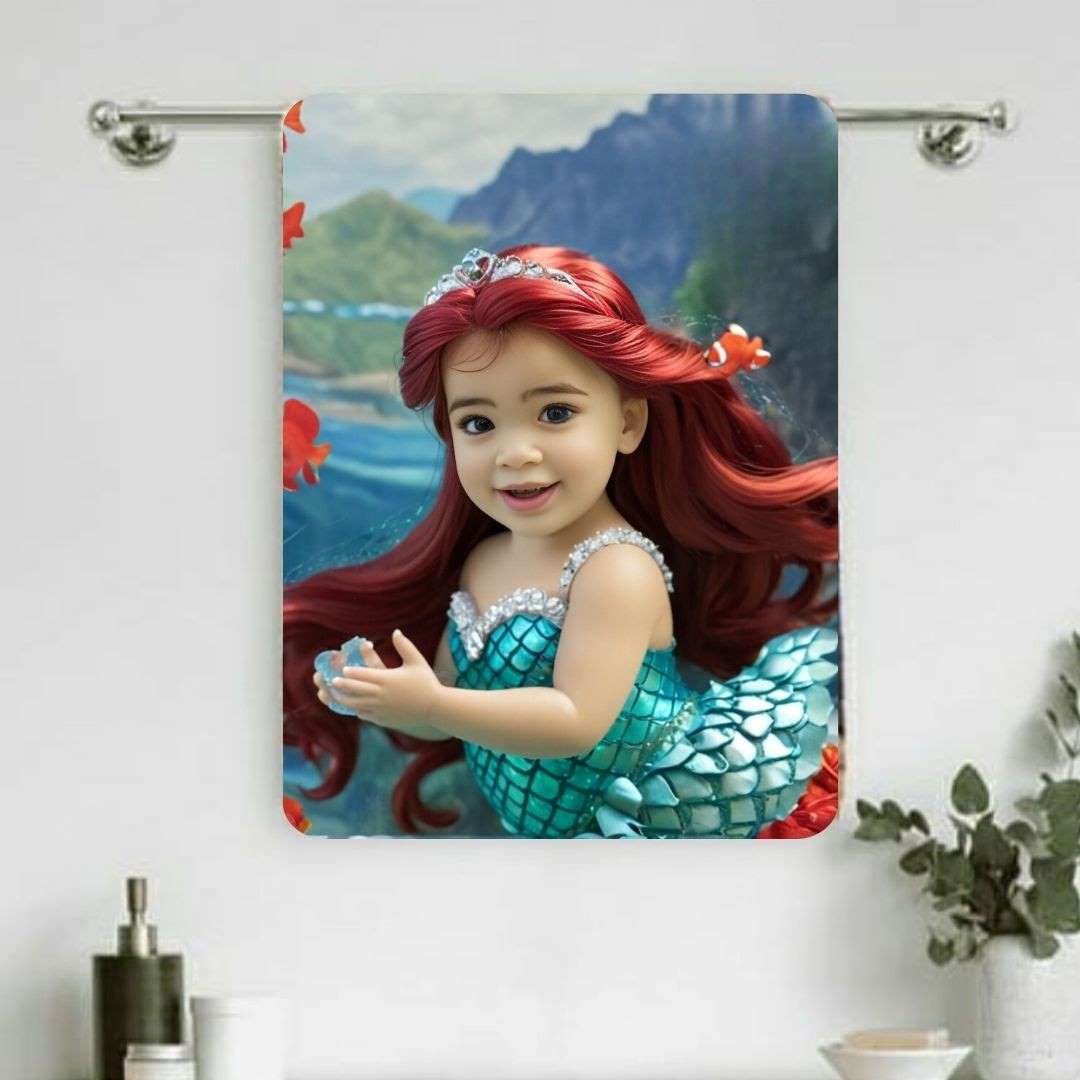 Example of how to upload a toddler girl's photo to create a personalized mermaid portrait on a towel featuring her as a mermaid sitting on a rock in an underwater scene