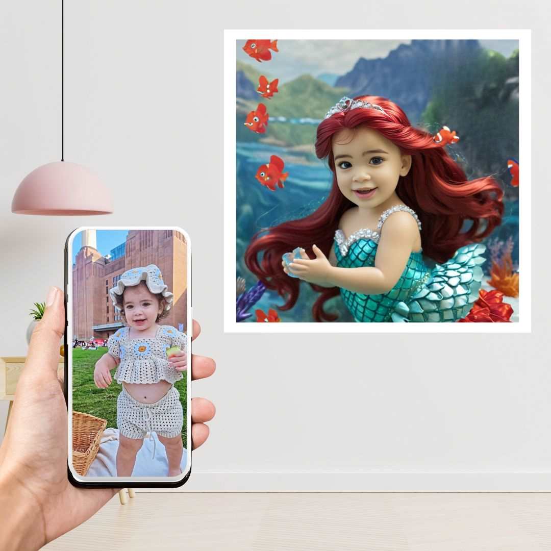 Example of how to upload a toddler girl's photo to create a personalized mermaid portrait on a canvas featuring her as a mermaid sitting on a rock in an underwater scene