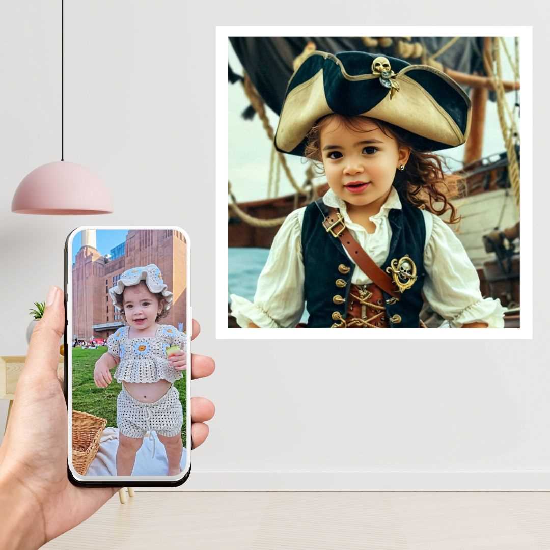 Example of how to upload a toddler girl's photo to create a personalized pirate portrait featuring her dressed as a pirate on a ship deck.