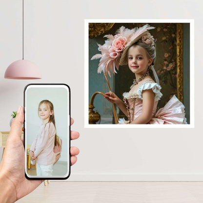 Example of how to upload a girl's photo to create a personalized pink princess portrait on a canvas featuring her as a princess in a royal castle