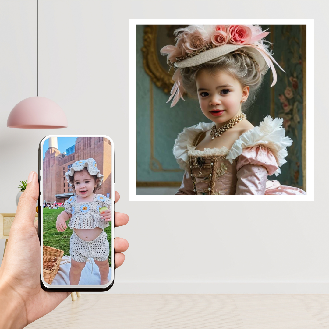 Example of how to upload a toddler girl's photo to create a personalized pink princess portrait on a canvas featuring her as a princess in a royal castle