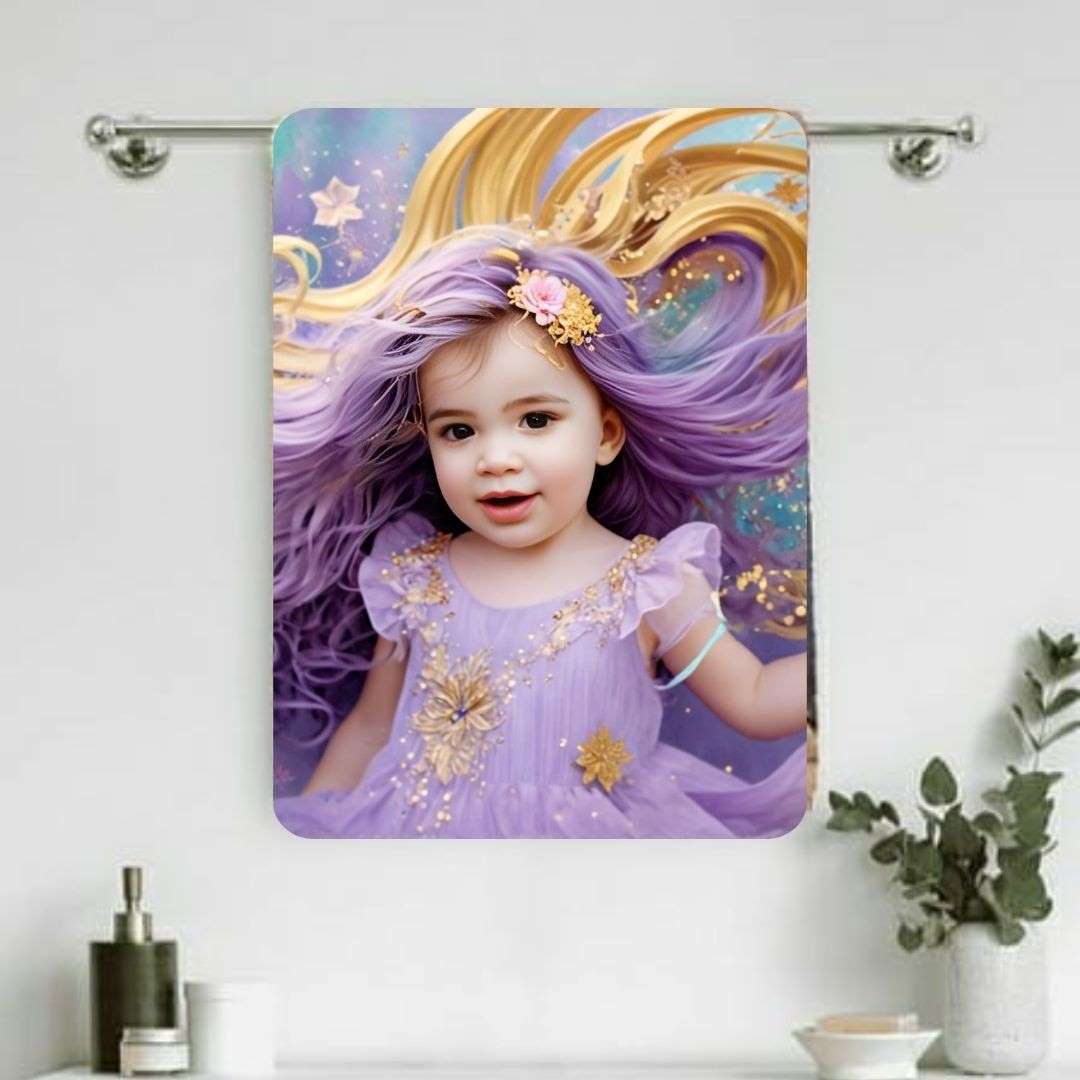 Example of how to upload a toddler girl's photo to create a personalized lavender princess portrait on a towel featuring her in an enchanted castle