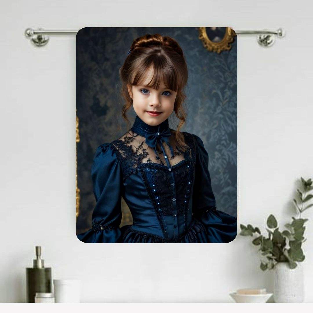 Example of how to upload a girl's photo to create a personalized Victorian princess portrait on a towel featuring her dressed in a royal gown with a vintage backdrop