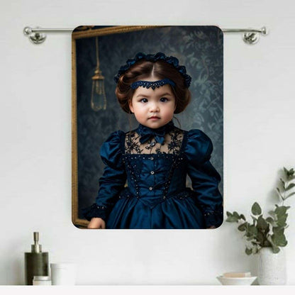 Example of how to upload a toddler girl's photo to create a personalized Victorian princess portrait on a towel featuring her dressed in a royal gown with a vintage backdrop