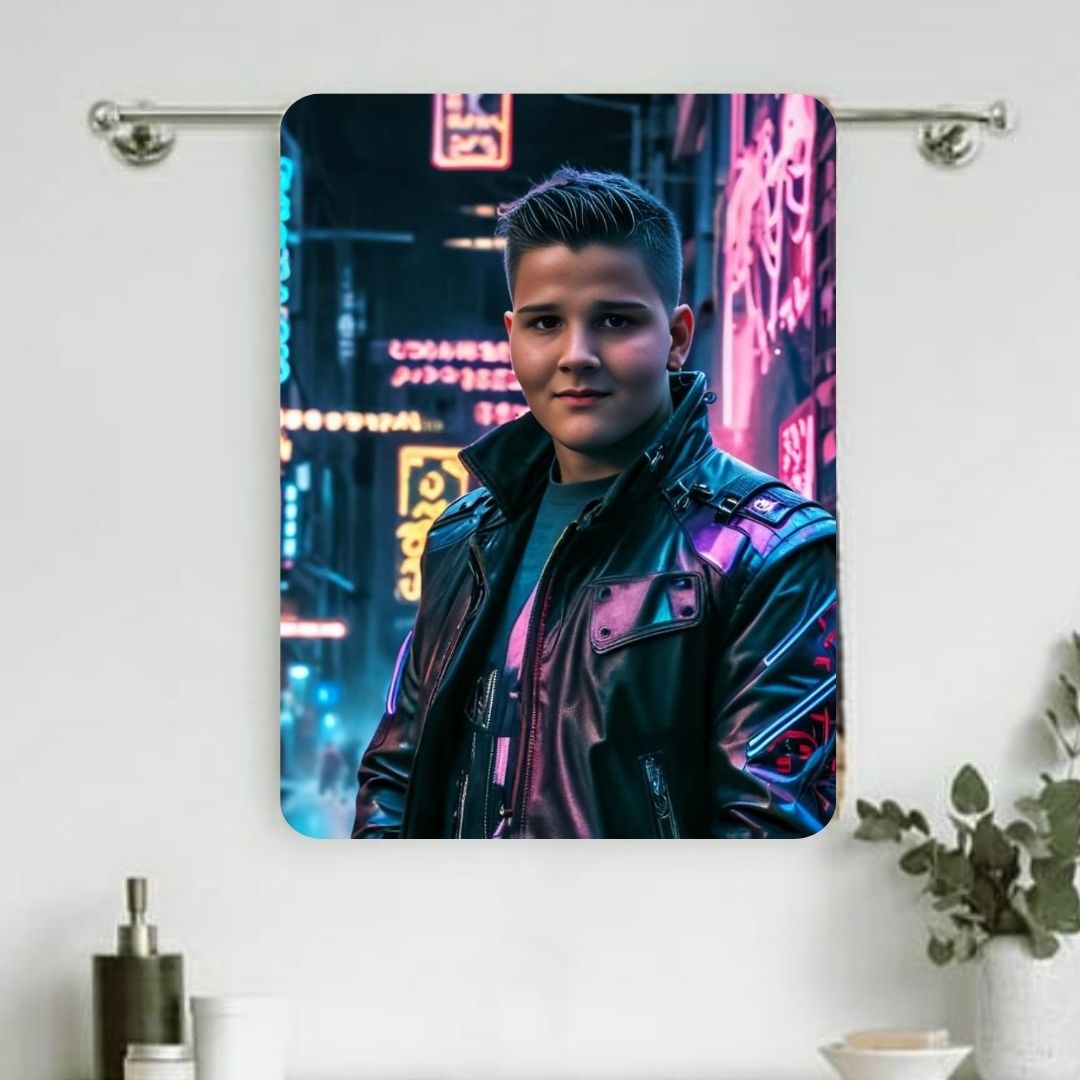 Example of how to upload a boy's photo to create a personalized cyberpunk hero portrait on a towel, featuring him dressed in high-tech gear with neon details, ready for an action-packed adventure