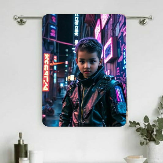 Example of how to upload a toddler boy's photo to create a personalized cyberpunk hero portrait on a towel, featuring him dressed in high-tech gear with neon details, ready for an action-packed adventure