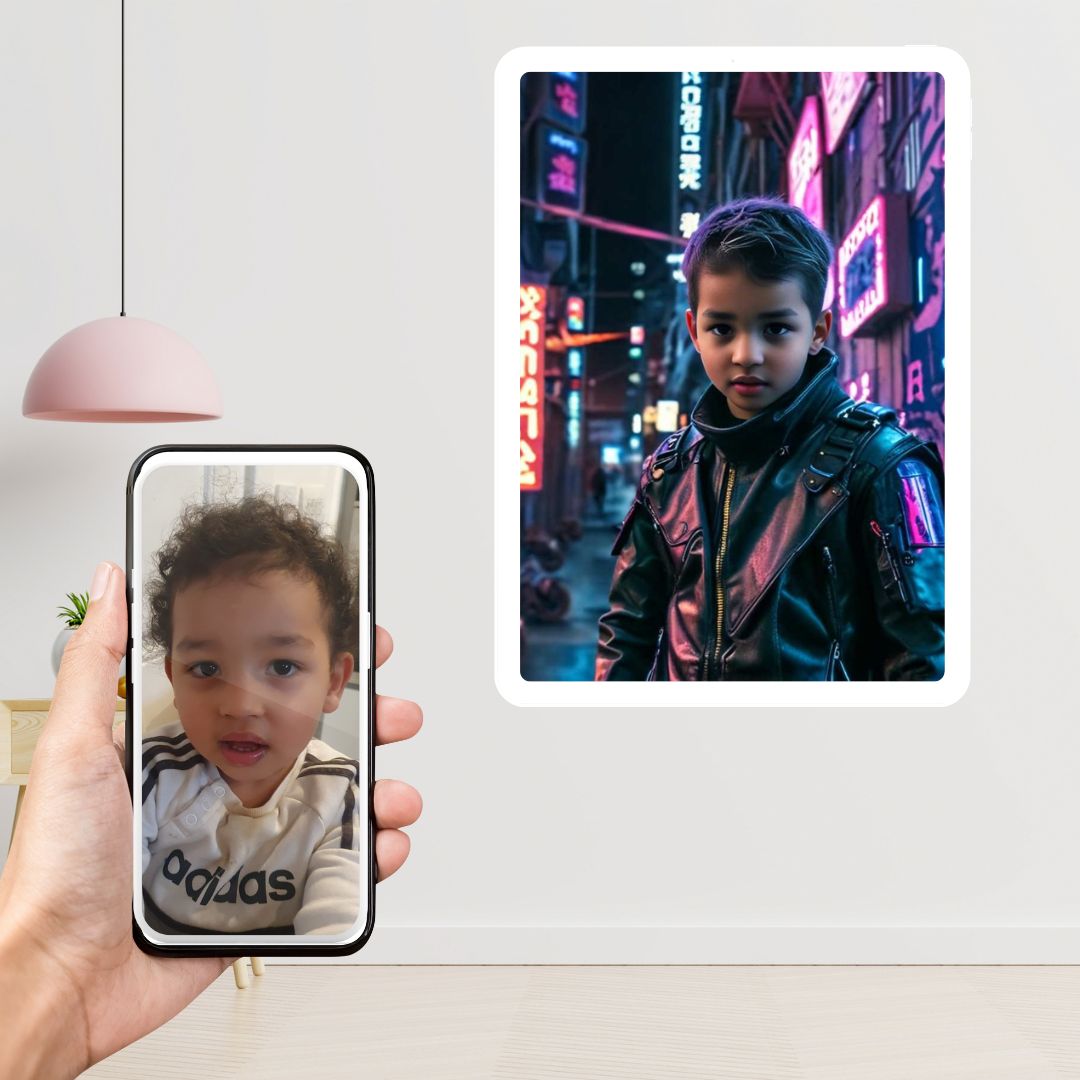 Example of how to upload a toddler boy's photo to create a personalized cyberpunk hero portrait on a canvas, featuring him dressed in cyberpunk attire with glowing neon details, ready for a high-tech adventure