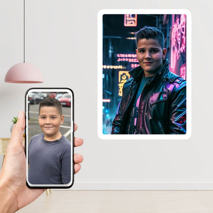 Example of how to upload a boy's photo to create a personalized cyberpunk hero portrait on a canvas, featuring him dressed in cyberpunk attire with glowing neon details, ready for a high-tech adventure