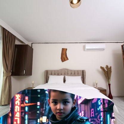 Example of how to upload a toddler boy's photo to create a personalized cyberpunk hero portrait on a blanket, featuring him dressed in futuristic gear with neon accents, ready to take on a high-tech world.