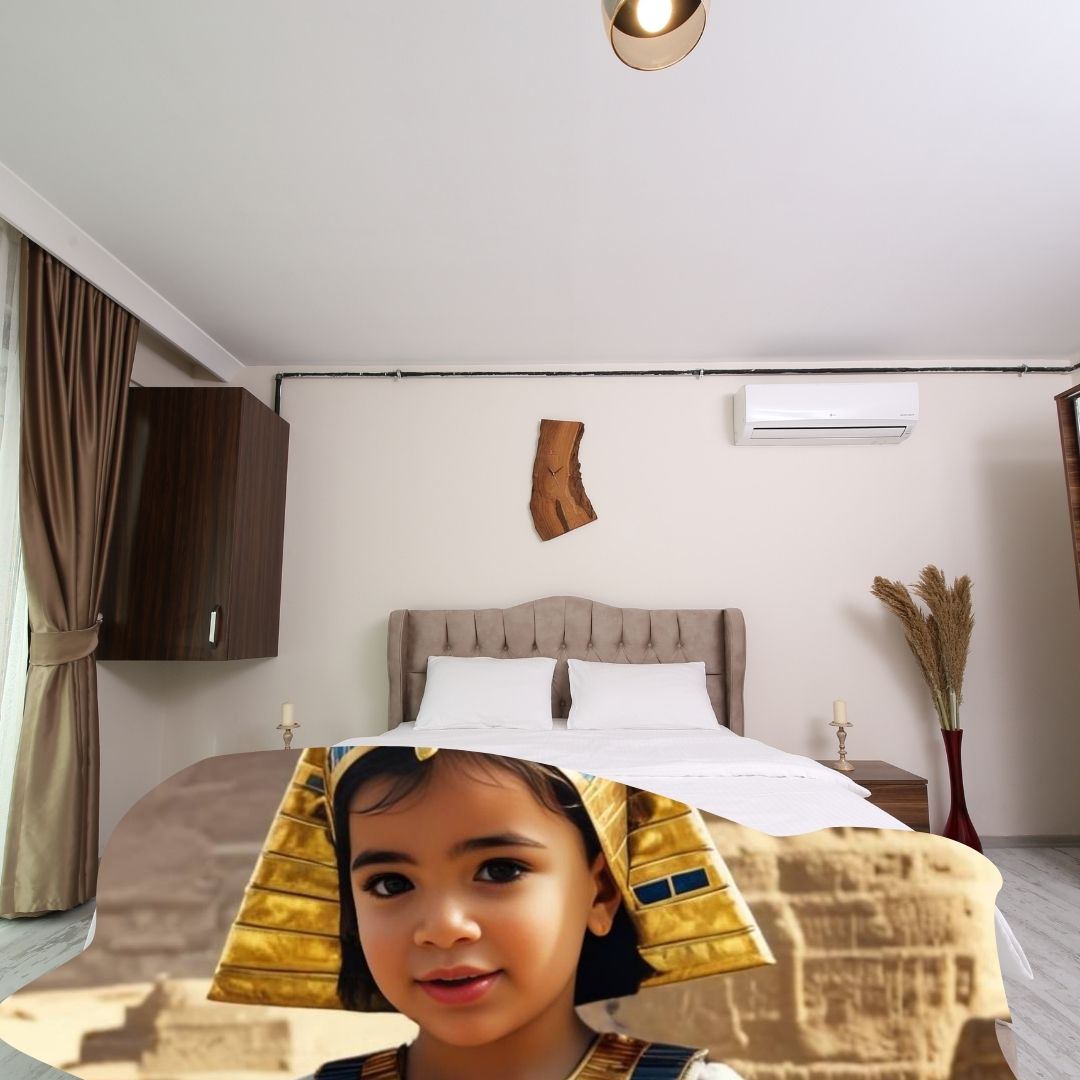 Example of how to upload a toddler girl's photo to create a personalized Egyptian princess portrait on a blanket featuring her in royal attire with a majestic ancient Egyptian backdrop