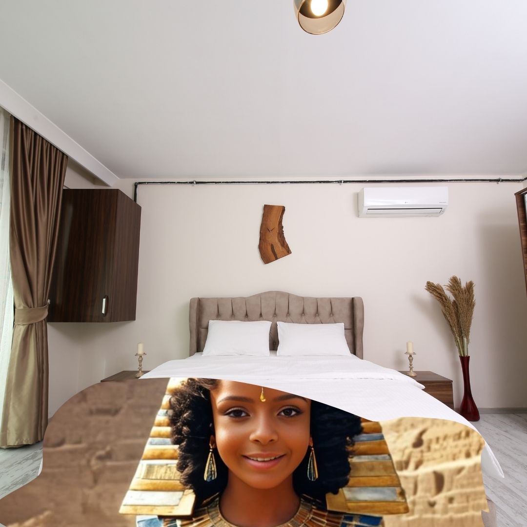 Example of how to upload a girl's photo to create a personalized Egyptian princess portrait on a blanket featuring her in royal attire with a majestic ancient Egyptian backdrop