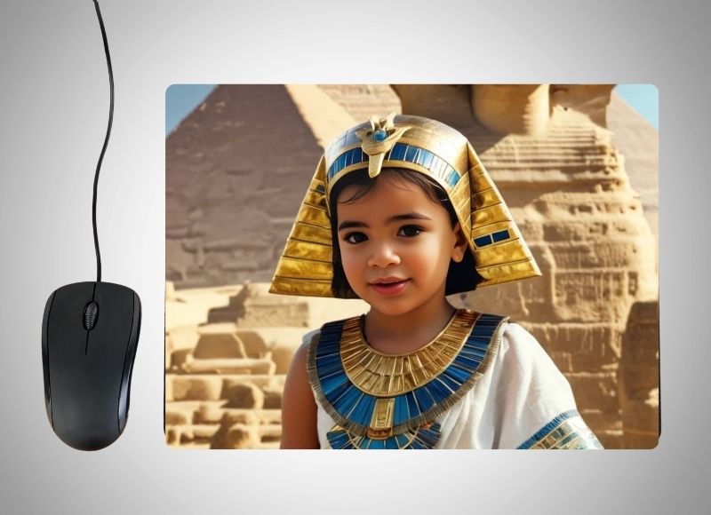 Example of how to upload a toddler girl's photo to create a personalized Egyptian Princess portrait on a mouse mat featuring her in a regal Egyptian-inspired gown, adorned with golden jewelry, standing in front of grand pyramids and ancient hieroglyphics