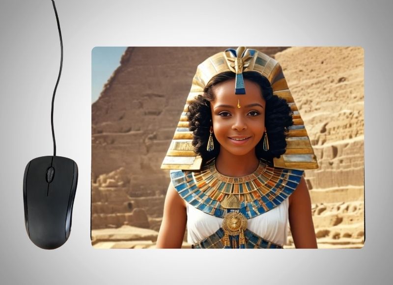 Example of how to upload a girl's photo to create a personalized Egyptian Princess portrait on a mouse mat featuring her in a regal Egyptian-inspired gown, adorned with golden jewelry, standing in front of grand pyramids and ancient hieroglyphics