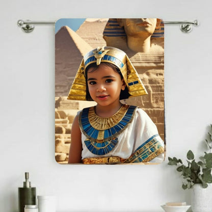 Example of how to upload a toddler girl's photo to create a personalized Egyptian princess portrait on a towel featuring her in royal attire with an ancient Egyptian backdrop