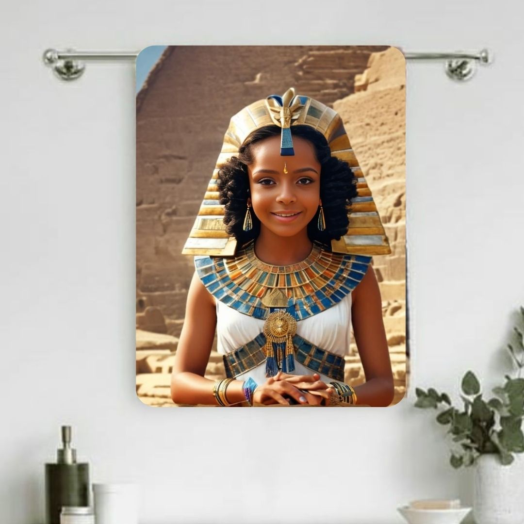 Example of how to upload a girl's photo to create a personalized Egyptian princess portrait on a towel featuring her in royal attire with an ancient Egyptian backdrop