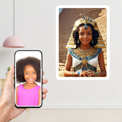 Example of how to upload a girl's photo to create a personalized Egyptian princess portrait on a canvas featuring her in royal attire with an ancient Egyptian backdrop.